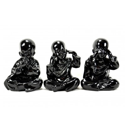 Les 3 Moines "secret du bonheur". Statuettes en résine laquée noir h20cm