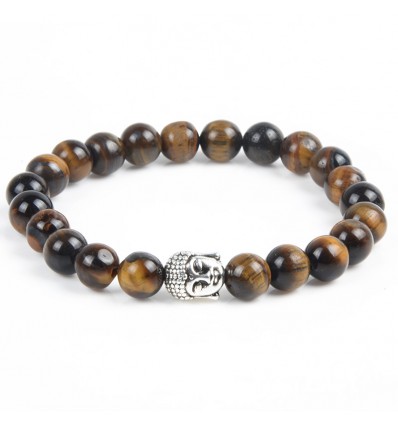 Bracelet en Oeil de Tigre naturel + perle Bouddha. Livraison gratuite.