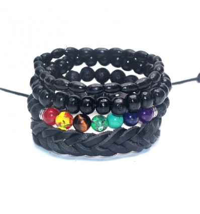 Combo 4 bracelets trend for men leather, wood and precious stones. 