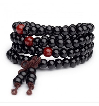 Bracelet Tibétain, Mala en perles de bois + noeud sans fin. Coloris noir