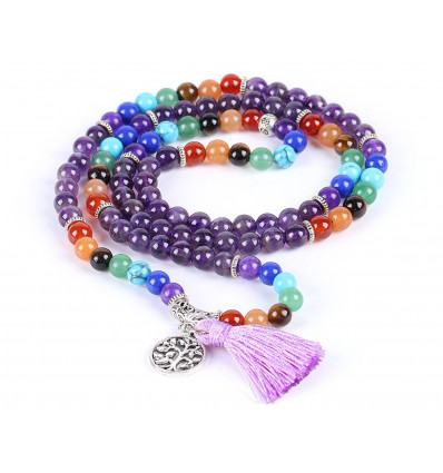 7 chakra multistrand bracelet - Tibetan mala in Amethyst and gemstones + tree of life symbol