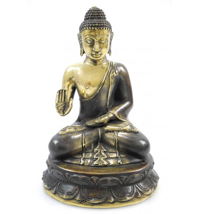 Statua di Buddha di protezione seduta in bronzo. Artigianato della decorazione Asia.