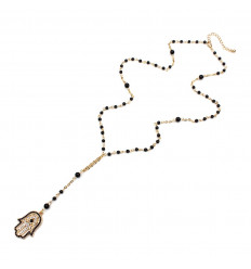 Chapelet Main de Fatma en métal doré et fines perles noires
