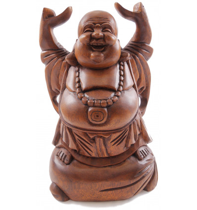 Laughing Chinese Buddha Statue H30cm. "Happy Buddha" in Hand Carved Exotic Wood.