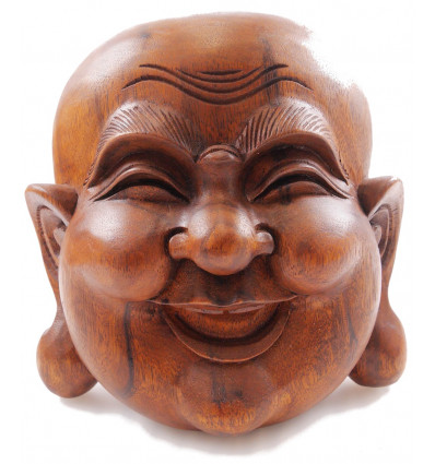 Masque Bouddha chinois rieur, bois massif sculpté main décoration asie
