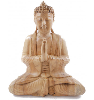 Sitting Buddha Statue with folded hands in raw wood h30cm
