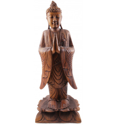 Grande statue de Bouddha Mudra Anjali debout bois massif sculpté main
