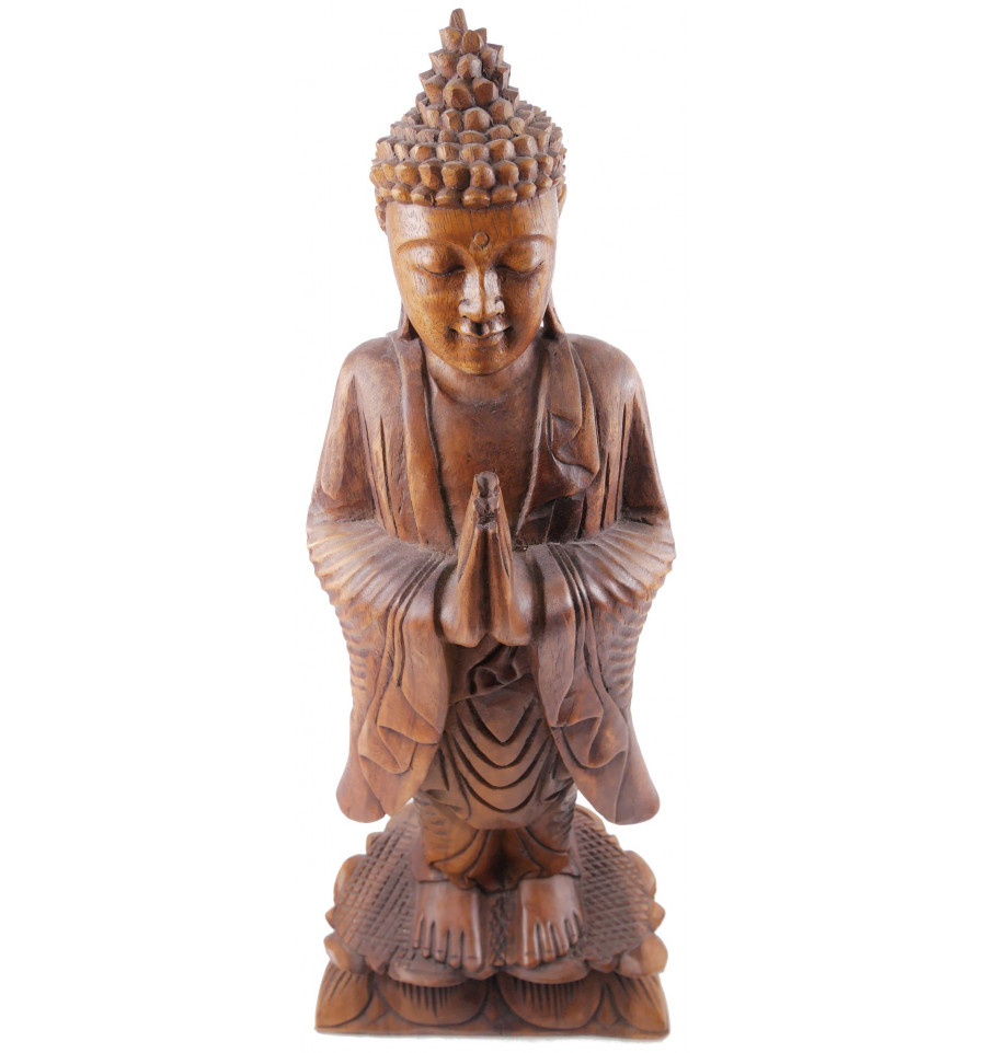 Great statue sculpture of standing Buddha, solid wood, Zen decoration.