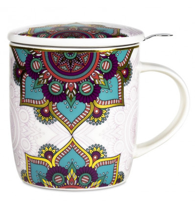 Mug with tea infuser and porcelain lid - Mandala Turquoise