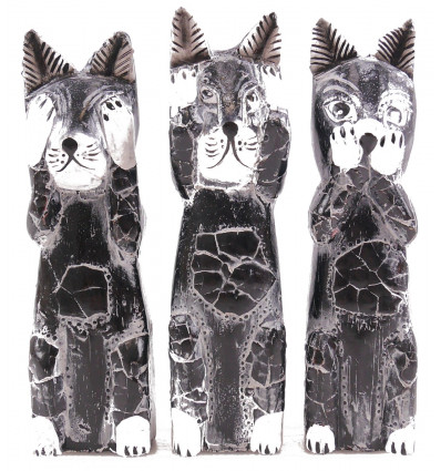 3 black and white cat statuettes in solid wood "secret of happiness"