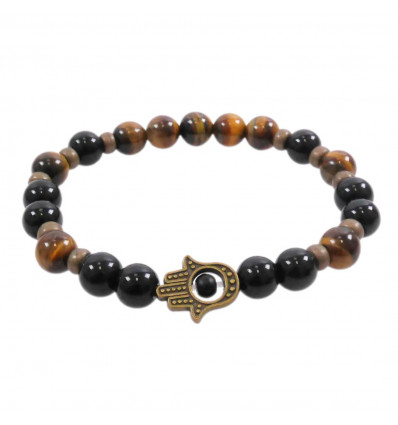 Hamsa bracelet in natural Onyx and Tiger's Eye