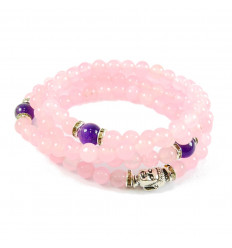 Mala tibétain 108 perles en quartz rose améthyste bracelet multitour.