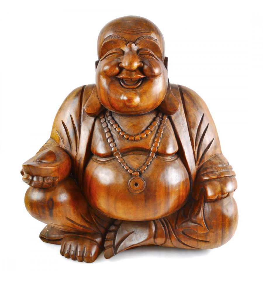 Hand Carved Wooden Laughing Happy Chinese Buddha Statue Sculpture Ornament Gift 19cm 
