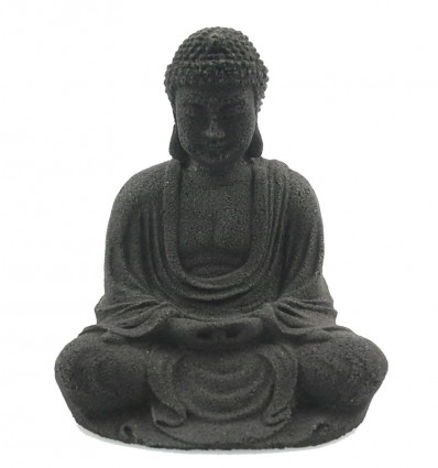Statuetta di Buddha in pietra nera, altare buddista con decorazione zen.