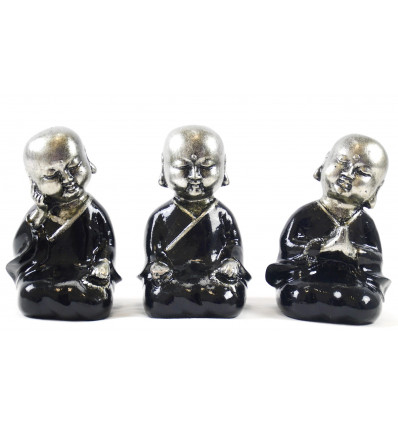 Little Buddhist monks: statuettes in black and silver lacquered resin 15cm
