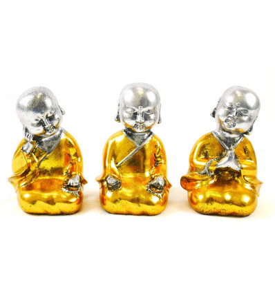 Baby Buddha: 3 statuette in resina laccata oro e argento 15cm