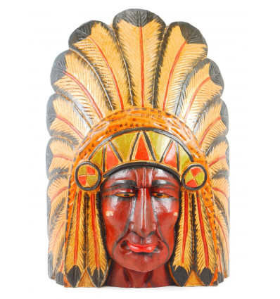 Grande capo maschera indiano americano con copricapo di piume, legno verniciato 50cm