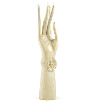 Grande main de Bouddha / Présentoir à bijoux en bois massif H40cm blanc cérusé