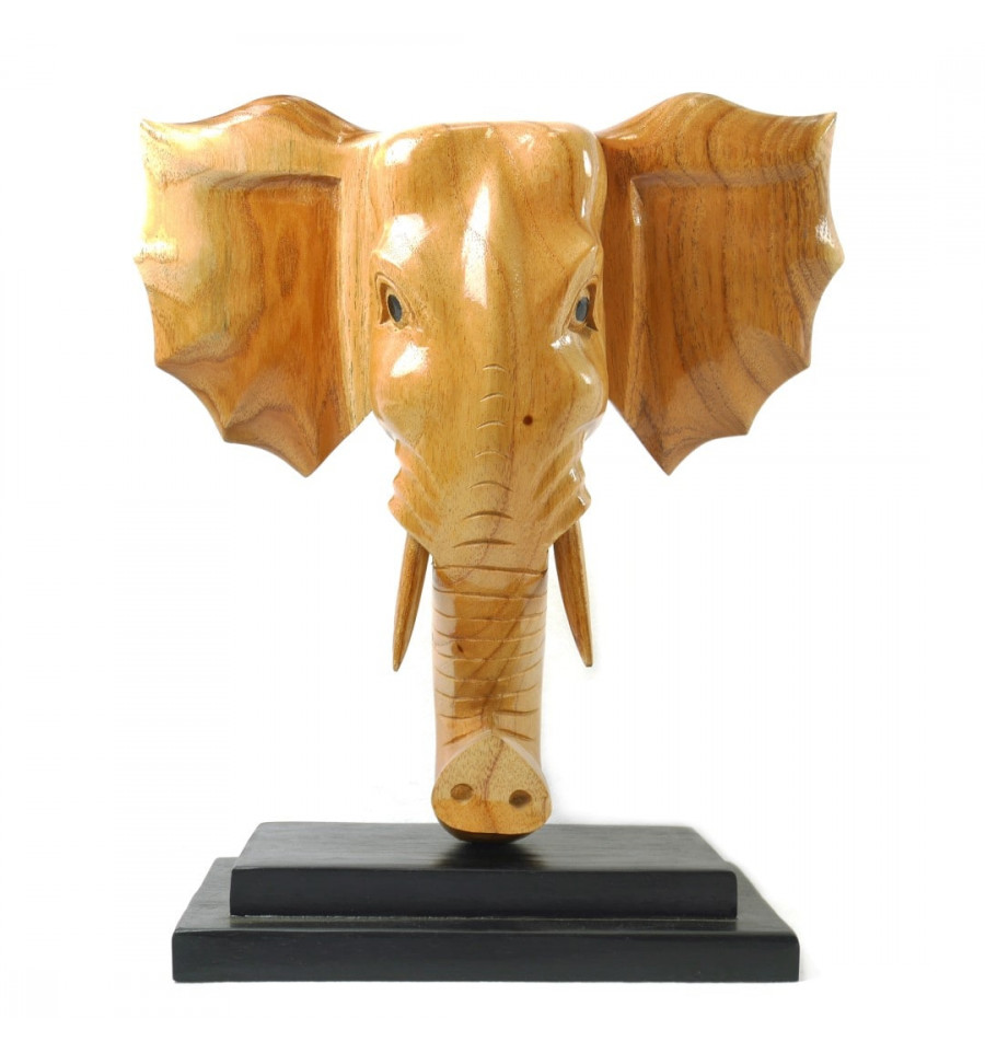 Tete D Elephant En Bois Brut Verni Sur Socle Noir Style Trophee De Chasse 35cm