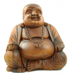 Statue Bouddha chinois rieur en bois sculpté 40cm