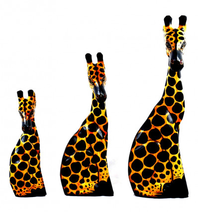 Set de 3 Statues Girafes en Bois Déco Savane Safari Artisanat