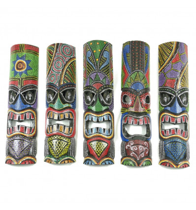Lot of 5 Masks Tiki 50cm Black Wood and Colorful Hand Made
