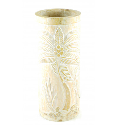 Porte-parapluie ou vase en bois 50cm décor Palmier - Coloris naturel cérusé blanc