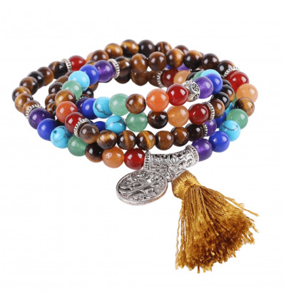 7 chakra multi-strand bracelet, Tibetan Mala in Lapis Lazuli and gemstones, tree of life symbol