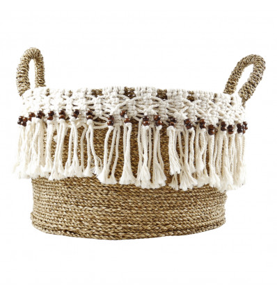 Round Basket 35cm in Natural Seagrass, White Macrame and Brown Wood Pearls Handles