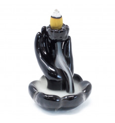 Hand and Lotus Flower Decor Incense Fountain - Black Ceramic - waterfall view
