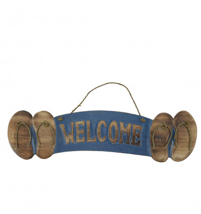 "Welcome" wooden flip flops wall plaque 46x12cm seaside style - Blue
