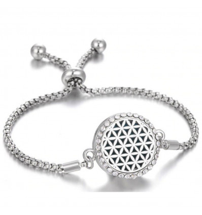 Adjustable Aromatherapy bracelet with fragrance diffuser - Silver flower of life motif & rhinestones