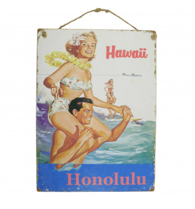 Plaque murale artisanale en bois "Hawaii Honolulu" 40x30cm