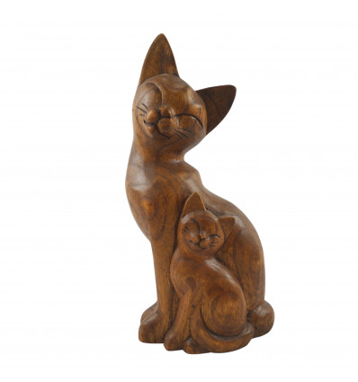 Statua coppia gatti in legno tinto intagliata a mano 32cm