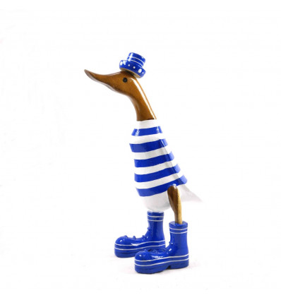 Large decorative bamboo duck 35cm - Blue and white sailor shirt - 3/4