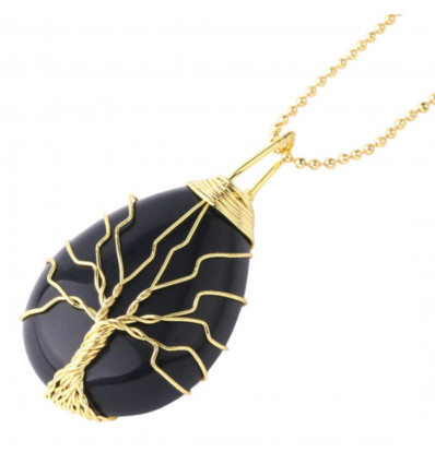 Golden necklace with a drop-shaped ARBRE OF LIFE pendant. Quartz Rose