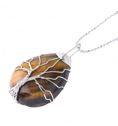 Silver pendant necklace drop Tree of Life Tiger Eye