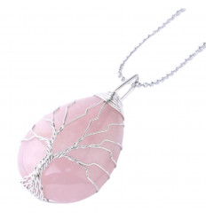 Silver necklace - drop pendant Tree of Life in Natural Pink Quartz
