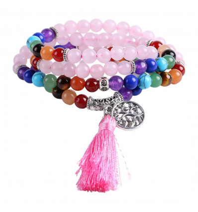 7 chakra multistrand bracelet - Tibetan mala in Rose Quartz and gemstones + tree of life symbol