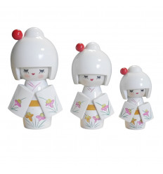 Lot de 3 poupées Kokeshi en bois. Porte bonheur japonais - coloris blanc - face