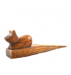 Hand-carved brown wooden cat holder