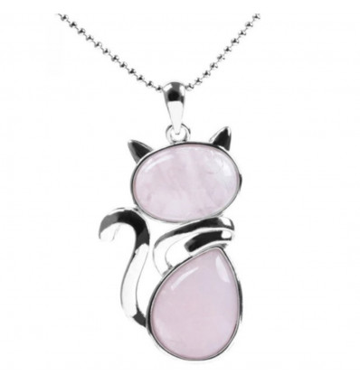 Collana in Argento con Pendente Gatto in Vero Quarzo Rosa