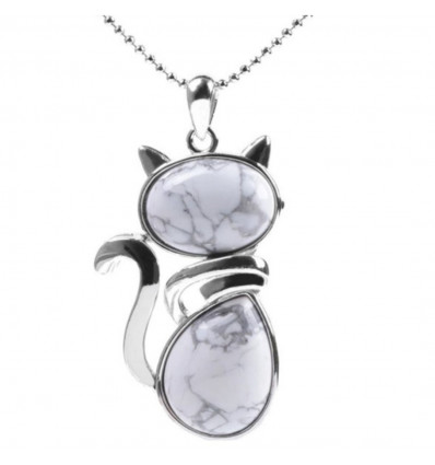 Collana in Argento con Pendente Gatto in Howlite Bianco Naturale