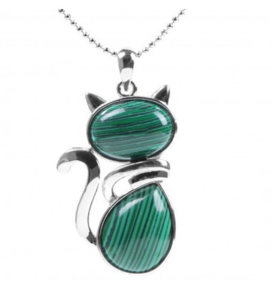 Collana in argento con pendente gatto in Malachite