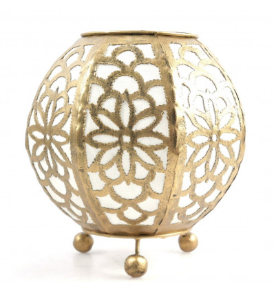 Lampada da comodino marocchina in ferro battuto oro e tessuto bianco ⌀20cm