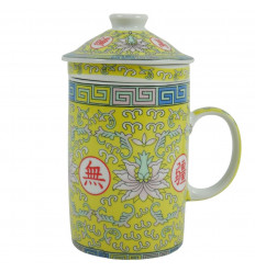 Mug infuseur à thé en Porcelaine. Motif Fleur de Lotus - coloris Jaune et Rose