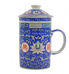 Mug infuseur à thé en Porcelaine. Motif Fleur de Lotus - coloris Bleu et Rose