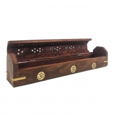 Porte-encens en bois avec rangement / boîte à encens motif Om