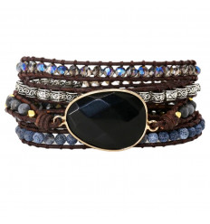 Leather Wrap bracelet and natural Onyx - Adjustable