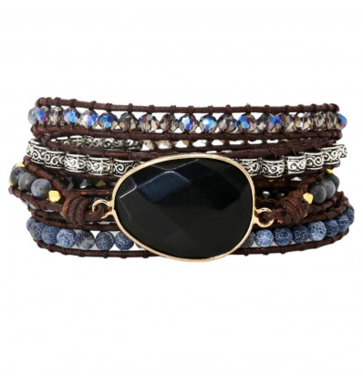 Leather and Natural Onyx Wrap Bracelet - Adjustable